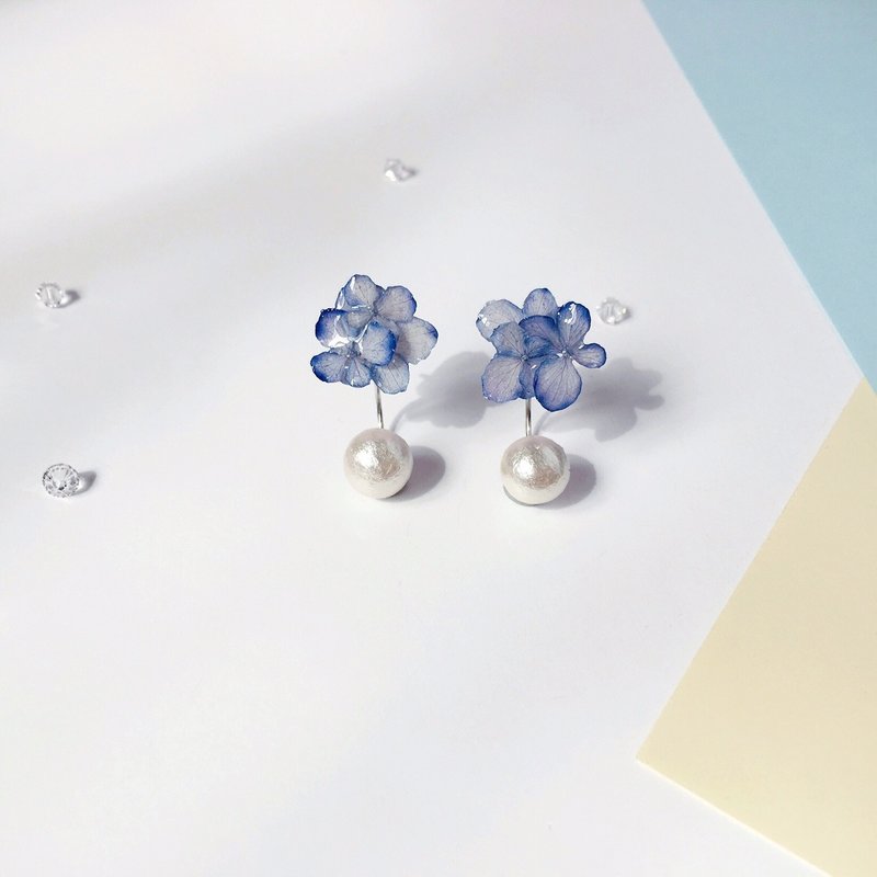 *Haku·Neko*精致迷你淡紫蓝小绣球花棉棉珠后耳托925纯银耳环 耳针 (立体真花系列-立体迷你小绣球)[限量品] - 耳环/耳夹 - 植物．花 紫色