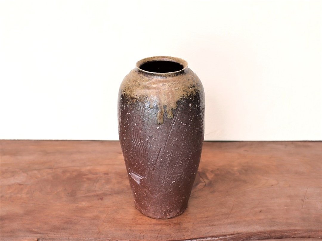 Bizen ware flower case h3-097 - 花瓶/陶器 - 陶 咖啡色