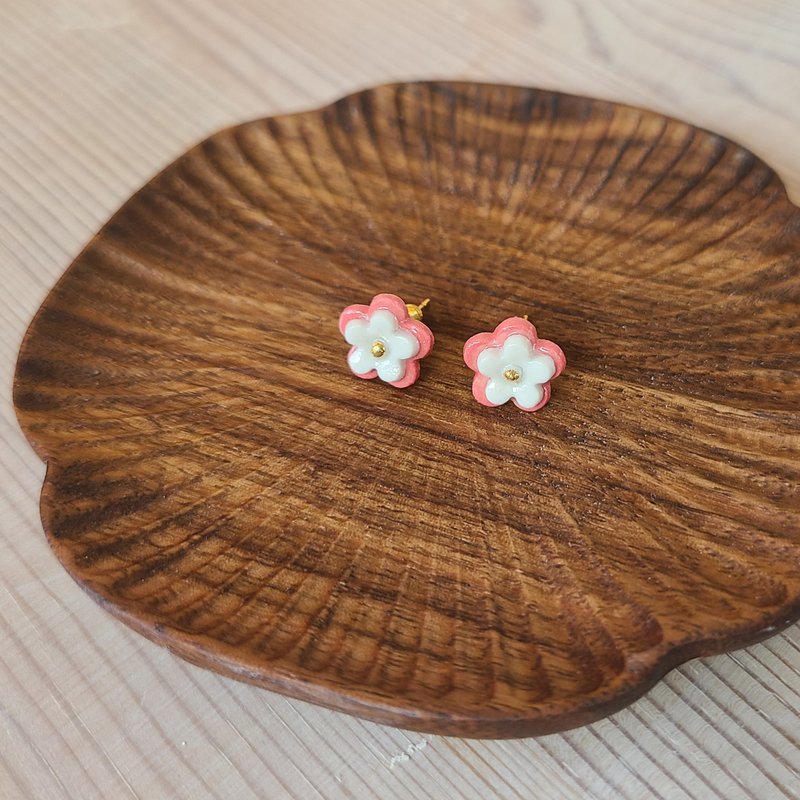 24K纯鎏金红小花釉彩耳环 - 耳环/耳夹 - 瓷 红色