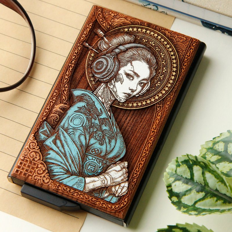 Cyber Geisha - 雷射雕刻 + 手绘木质卡夹 - 名片夹/名片盒 - 木头 咖啡色