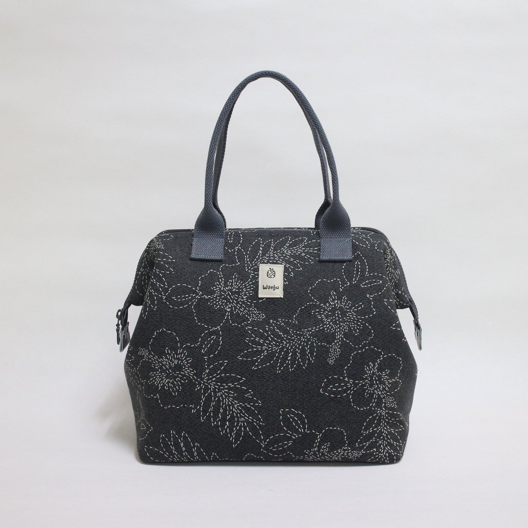 保温便当袋 25x15cm / 医生口金手提袋 / 优雅线花 - 手提包/手提袋 - 棉 黑色