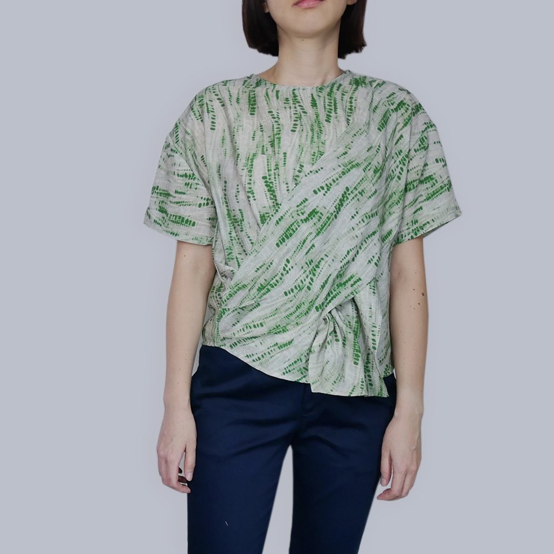 水点波纹绿交错穿带上衣 - 女装上衣 - 棉 绿色