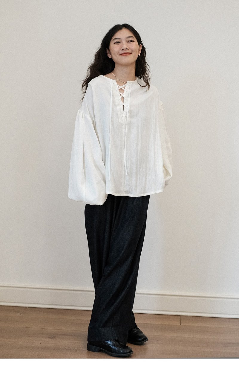 休闲泡泡袖绑带系带白色衬衫 - 女装上衣 - 棉．麻 