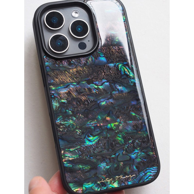 黑色 鲍鱼贝 手工手机壳 适用iPhone16,15,14,13,12,11ProMax - 手机壳/手机套 - 贝壳 黑色