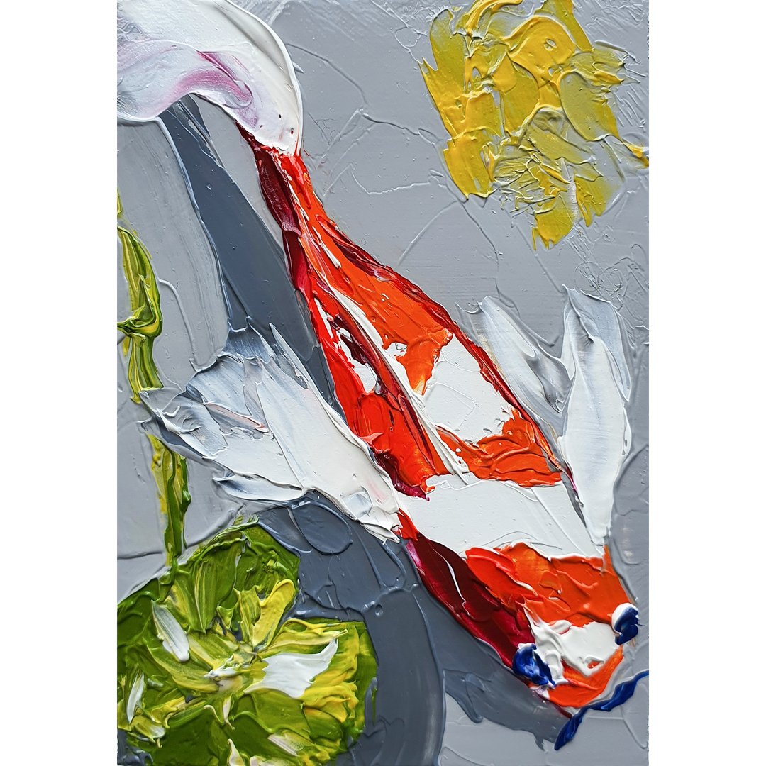 日本鲤鱼画原创艺术 ACEO 海岸墙艺术鱼艺术品小 - 海报/装饰画/版画 - 其他材质 红色