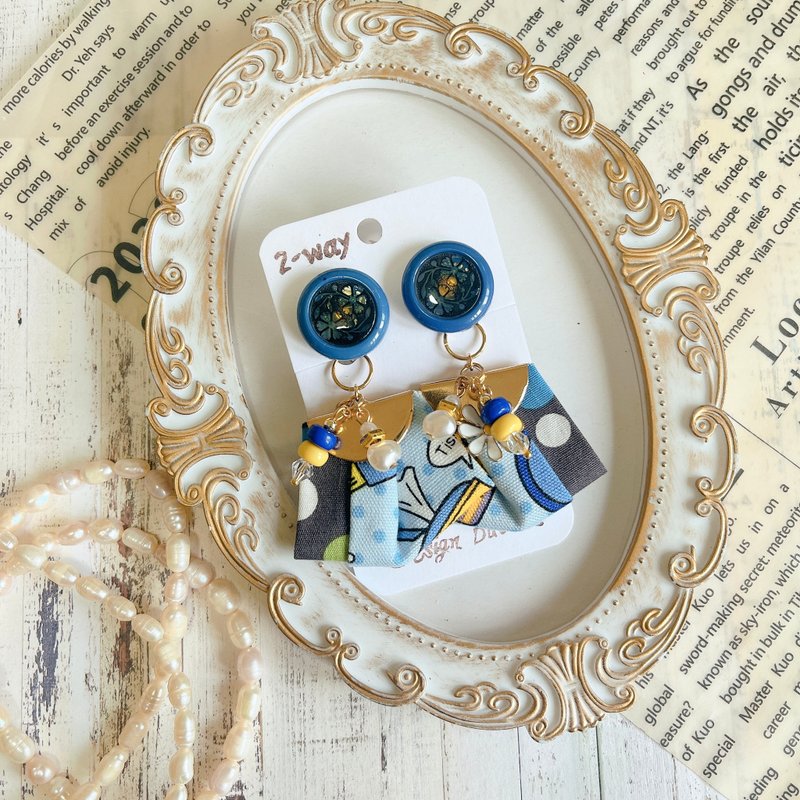 wow handmade 2-way 深蓝花窗钮扣 × 小雏菊布褶耳环 - 耳环/耳夹 - 其他材质 