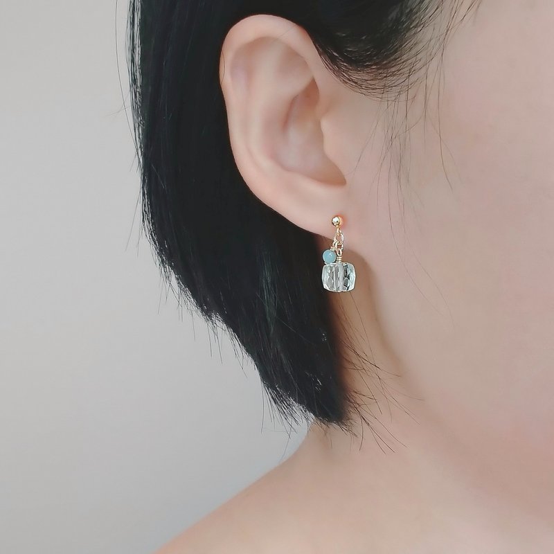 薄荷绿水晶切面小方块 天河石小圆珠 14K GF 包金 小垂坠耳环 - 耳环/耳夹 - 半宝石 绿色