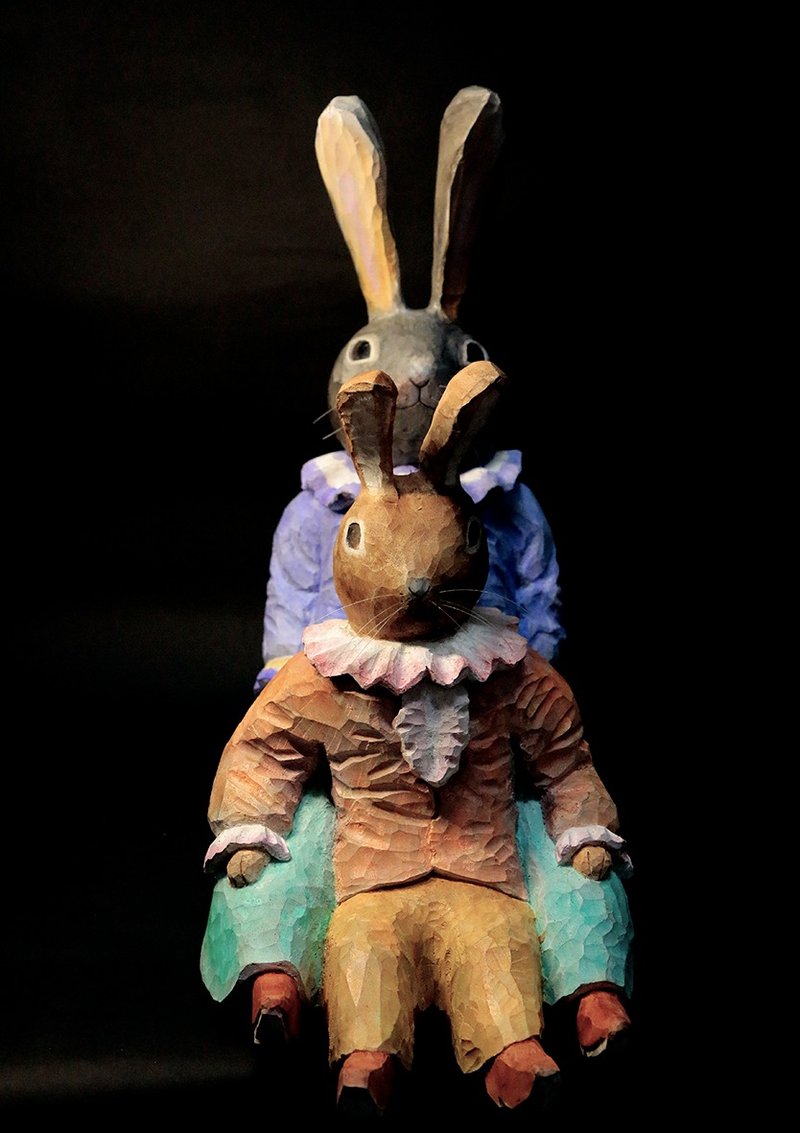 俏皮兔子双宝(木雕/樟木/雕刻/手工) - 摆饰 - 木头 