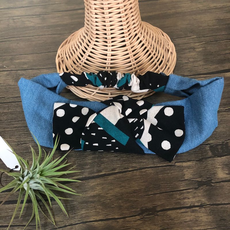 点点牛仔蝴蝶结发带/リボンヘアバンド - 发带/发箍 - 棉．麻 绿色