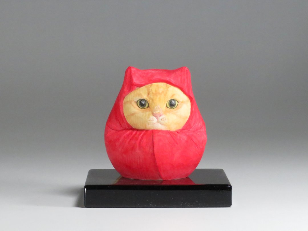 茶虎达摩猫  木雕  2410 - 摆饰 - 木头 红色