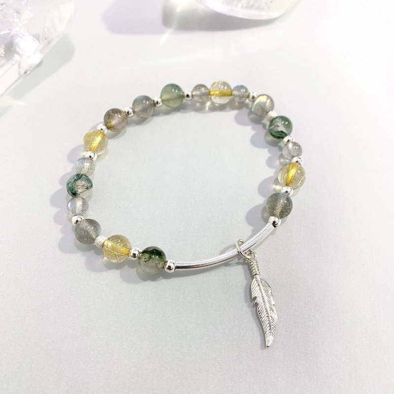 Ops Labradorite bracelet -拉长石/水草玛瑙/黄发晶/银管/羽毛 - 手链/手环 - 宝石 绿色