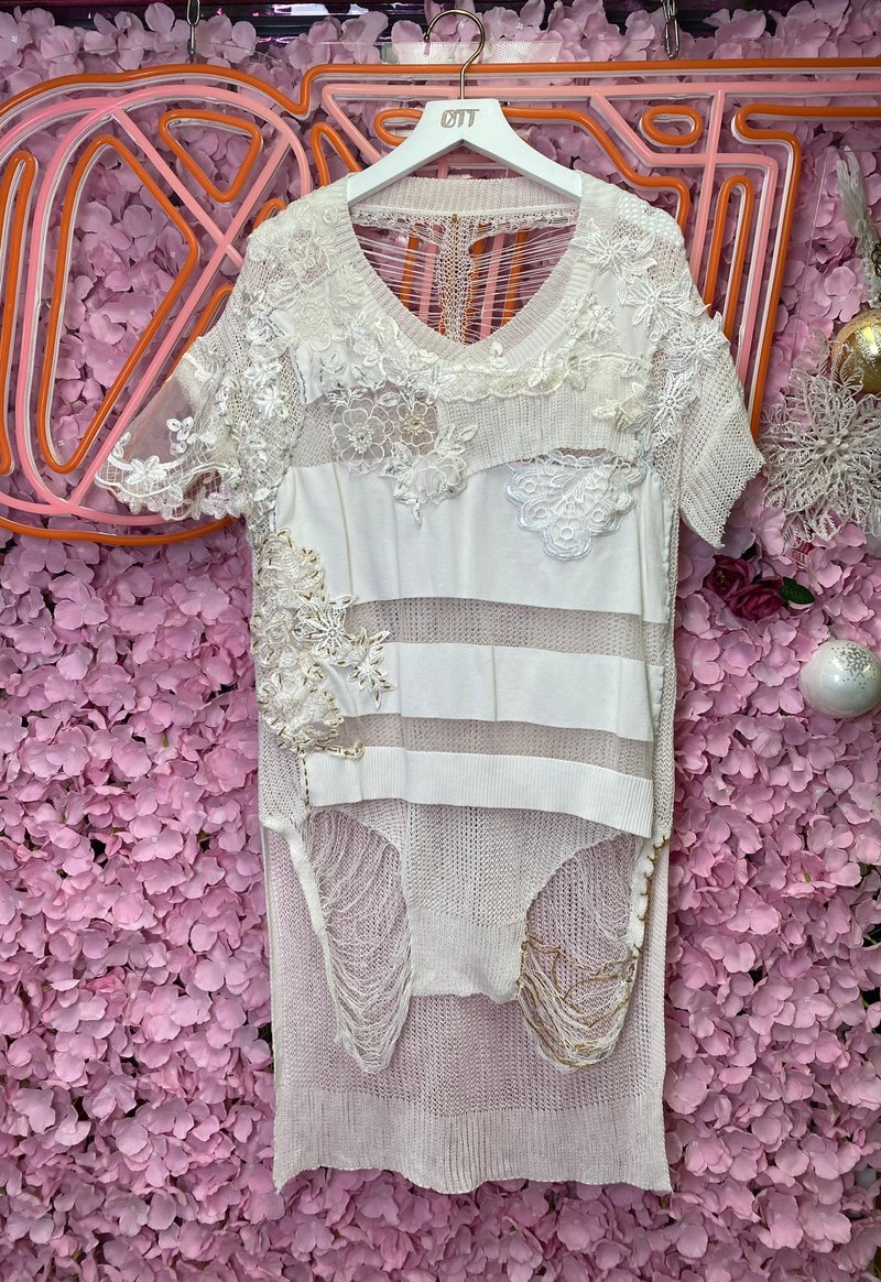 OTT独一无二•华丽白色婚纱蕾丝刺绣麻棉网织镂空假两件上衣 - 女装上衣 - 棉．麻 白色