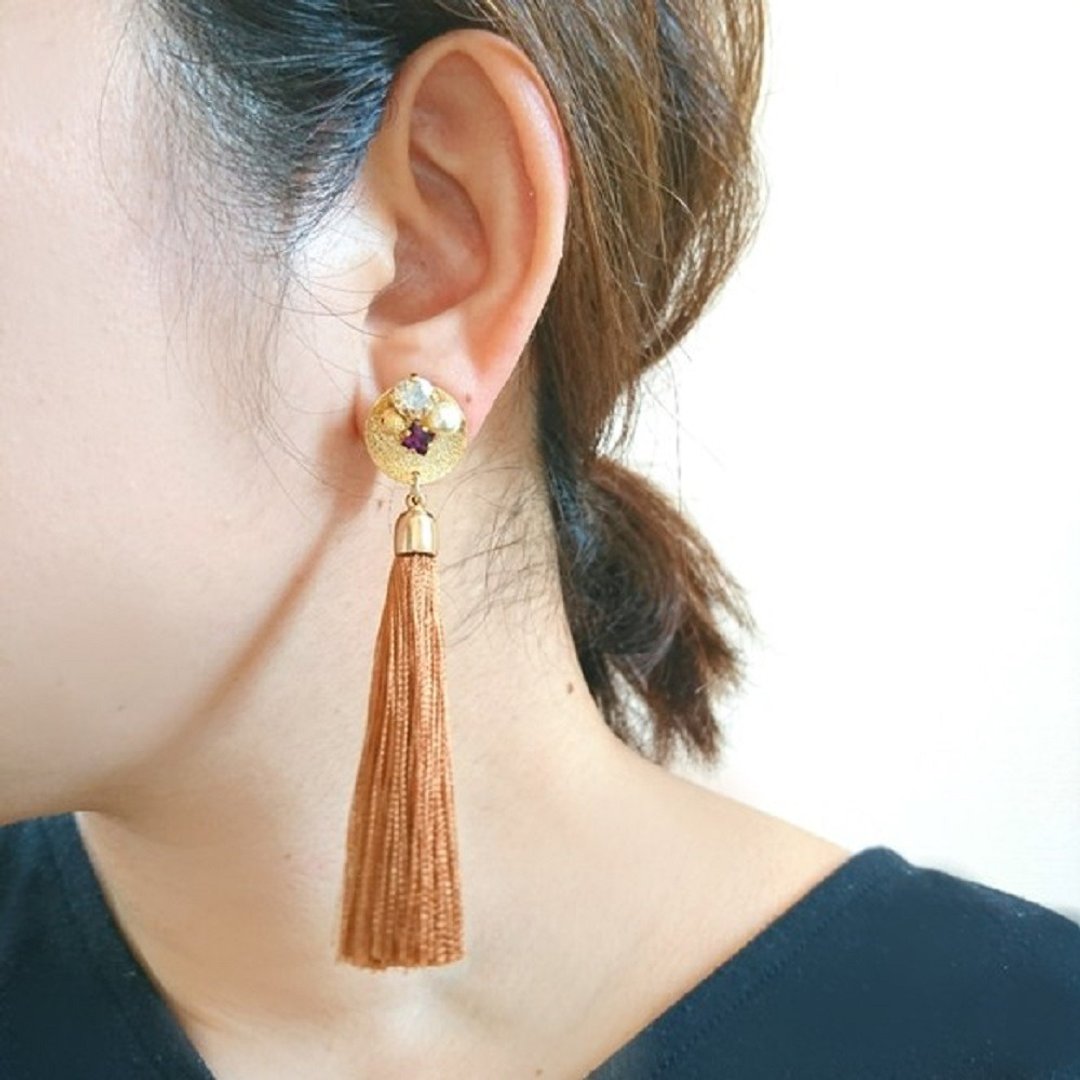 Tassel bijou Clip-On, earrings (camel) - 耳环/耳夹 - 其他金属 咖啡色