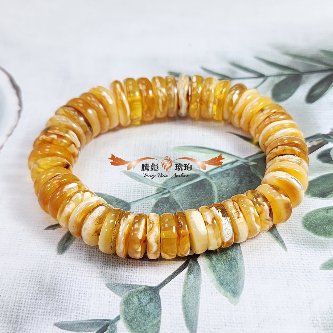 腾彪琥珀 天然琥珀蜜蜡  金瓷白灵珀蜜蜡 算盘形 经典小品 手链 - 手链/手环 - 宝石 橘色