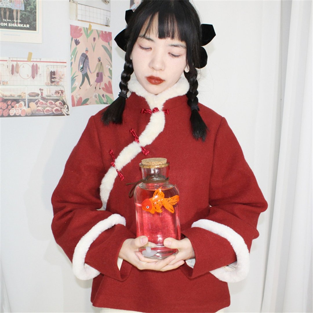紅色 2色 秋冬保暖兔毛含羊毛衛衣外套 新中式中秋春節改良上衣 - 女装休闲/机能外套 - 聚酯纤维 红色