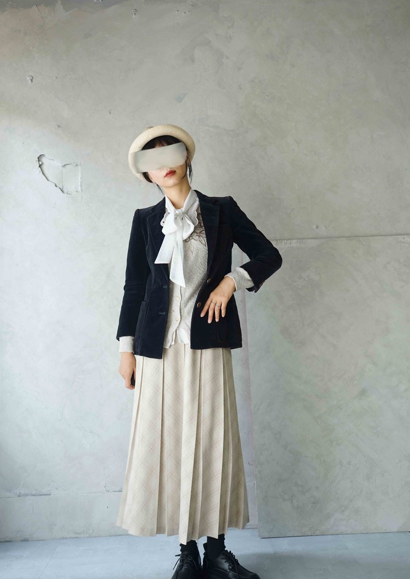 寻宝古着-墨黑蓝色修身绒面西装外套 - 女装西装外套/风衣 - 棉．麻 蓝色