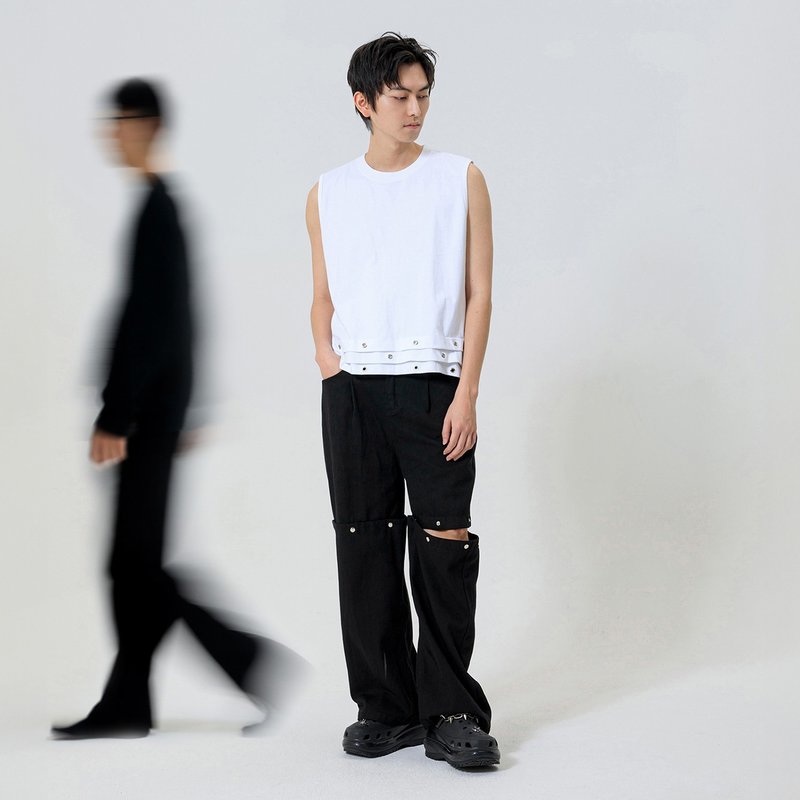 金属多孔褶边无袖上衣 - 男装背心 - 棉．麻 白色