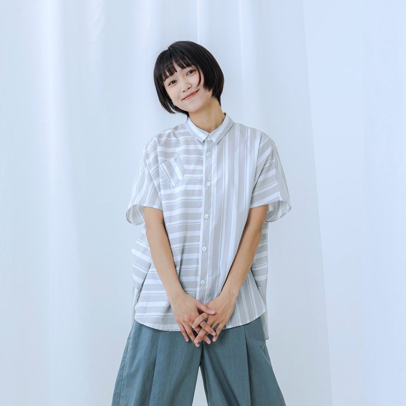 粗细条纹连肩宽衬衫 - 女装衬衫 - 棉．麻 灰色