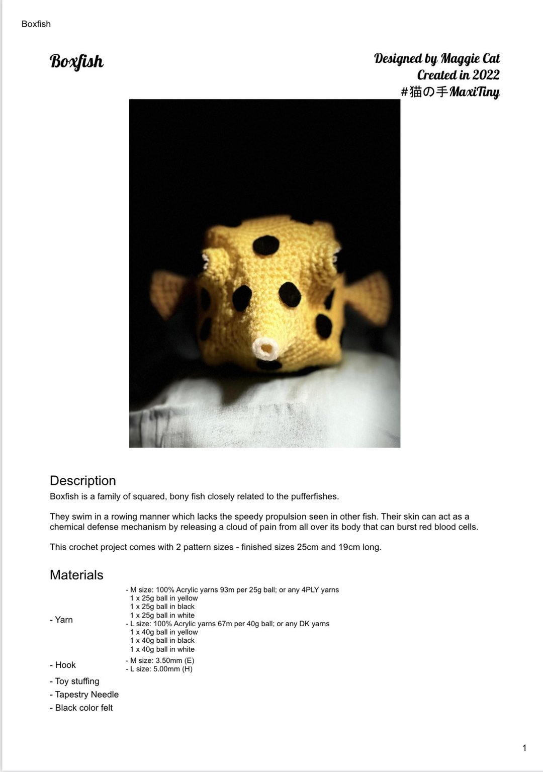 【Digital】Crochet Sea Creatures Boxfish Amigurumi pattern - 手工艺教程/工具书 - 其他材质 
