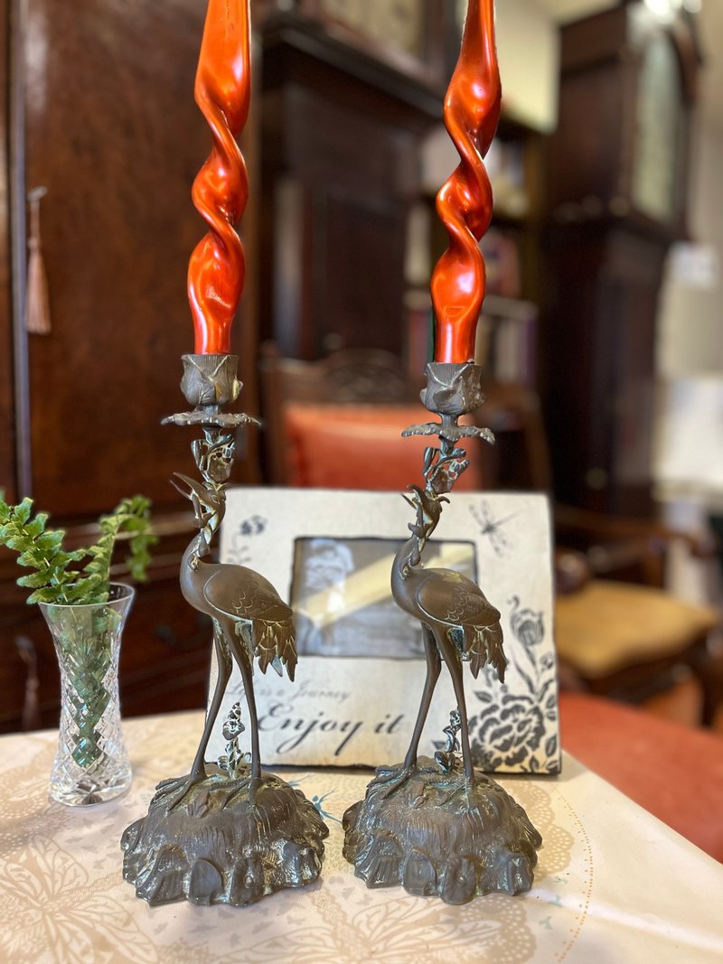 英国百年古董 东方元素仙鹤烛台一对 - 摆饰 - 铜/黄铜 卡其色