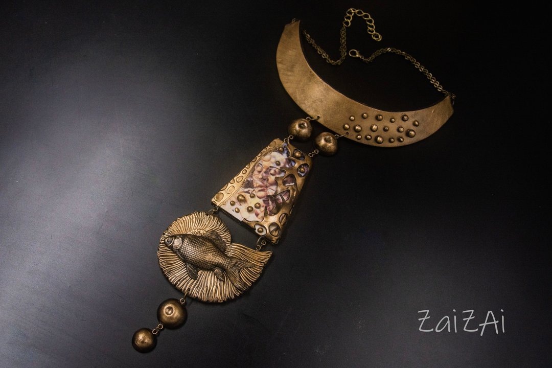 Dali polymer clay  abstract statement necklace geometrical bib necklace - 项链 - 塑料 金色