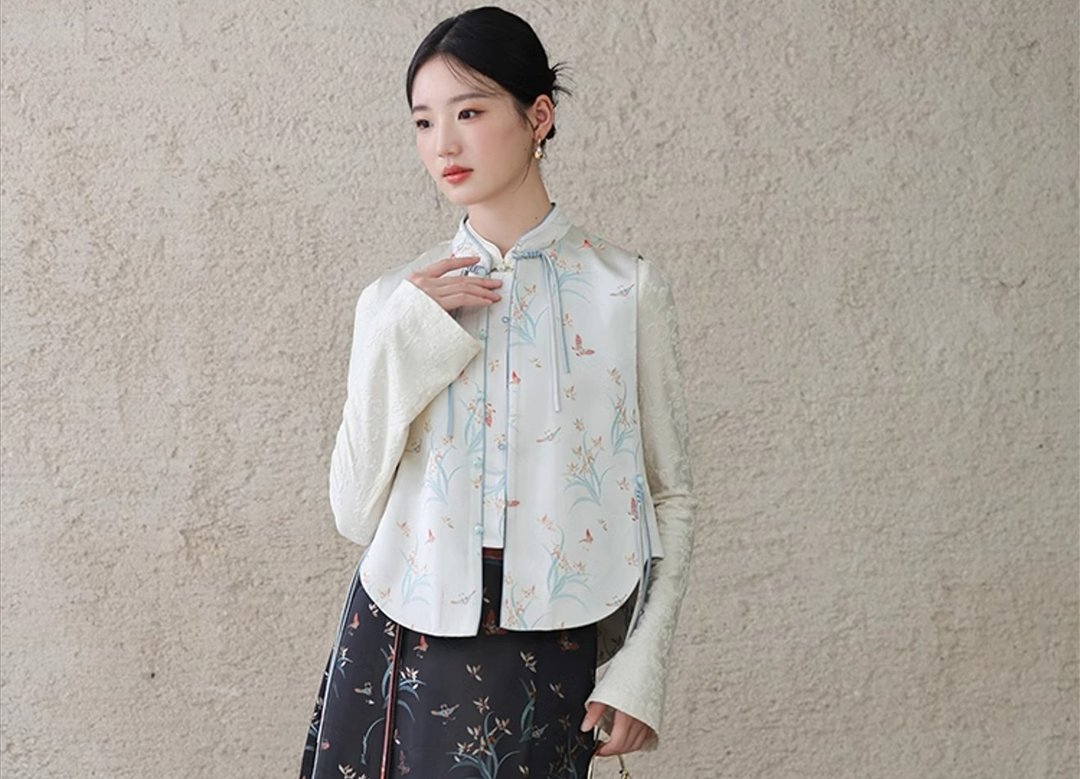 新中式中国风 提花盘扣叠穿背心 - 女装背心 - 其他材质 蓝色