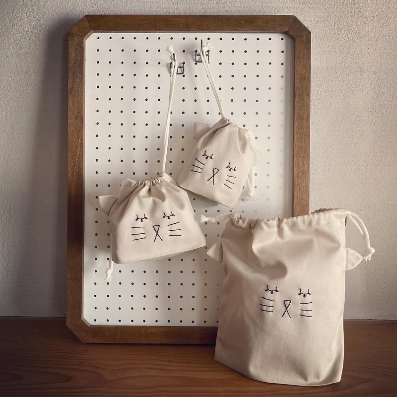 Twill cat drawstring 3-piece set - 化妆包/杂物包 - 棉 灰色