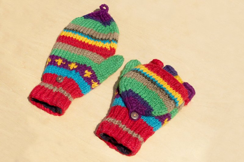 圣诞节快乐 限量一件针织纯羊毛保暖手套 / 2ways手套 / 露趾手套 / 内刷毛手套- 童趣撞色民族风图腾 - 手套 - 羊毛 多色