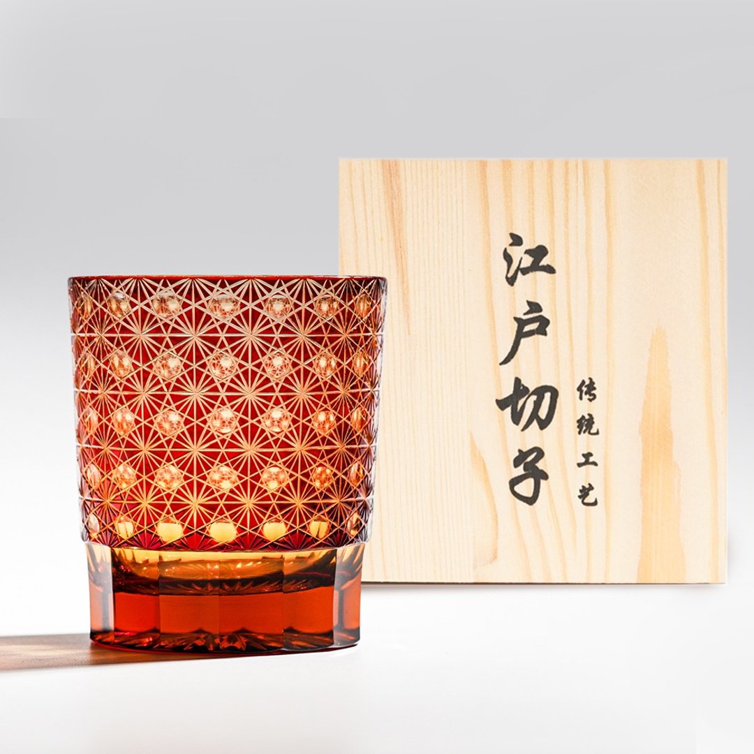 日式江户切子 琥珀绫光手工切割威士忌杯 -红色 乔迁之喜 - 酒杯/酒器 - 玻璃 红色