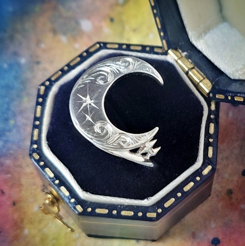 人手批花 唐草里的星星 大月亮纯银戒指 - 戒指 - 纯银 银色
