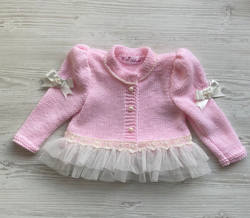 Hand knit pink and ivory jacket with tulle, lace, ribbon and pearls for baby. - 包屁衣/连体衣 - 其他材质 