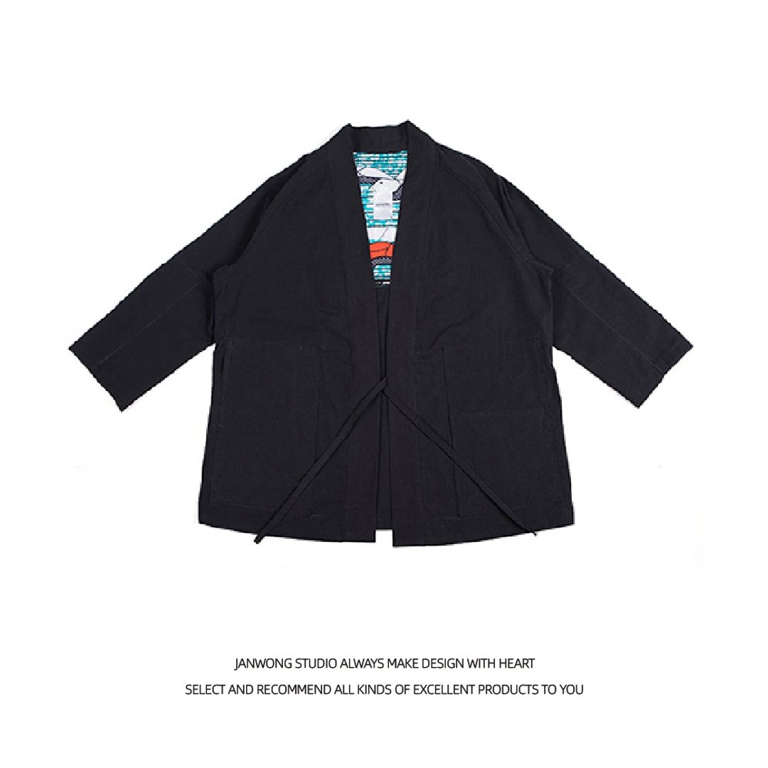 JANWONG日系工装拼接道袍防晒衣和服开衫复古男女外套定制款 - 背带裤/连体裤 - 棉 黑色