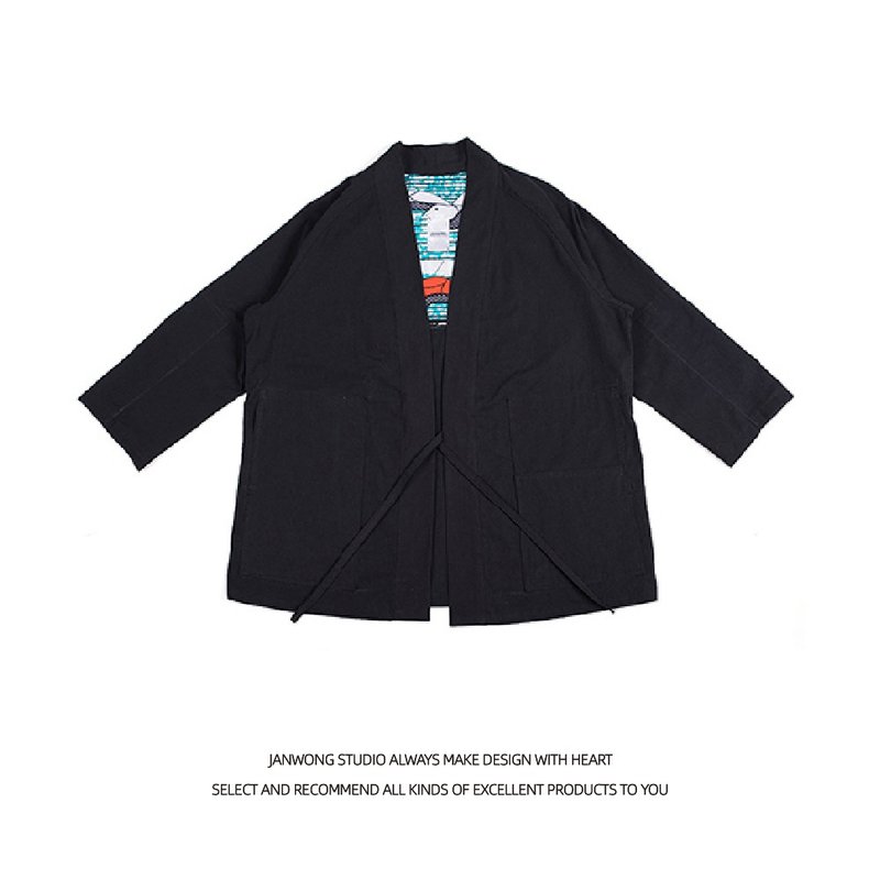 JANWONG日系工装拼接道袍防晒衣和服开衫复古男女外套定制款 - 背带裤/连体裤 - 棉．麻 黑色