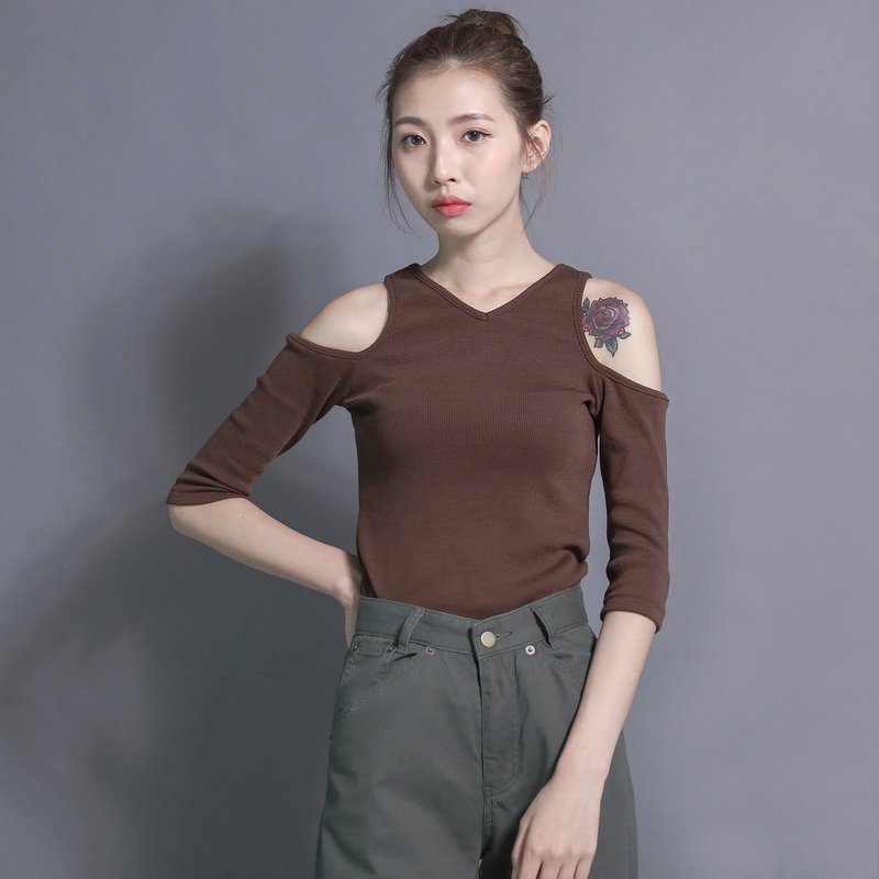 Stars 星辰罗纹挖肩七分袖上衣_7SF110_咖啡色 - 女装上衣 - 棉．麻 咖啡色