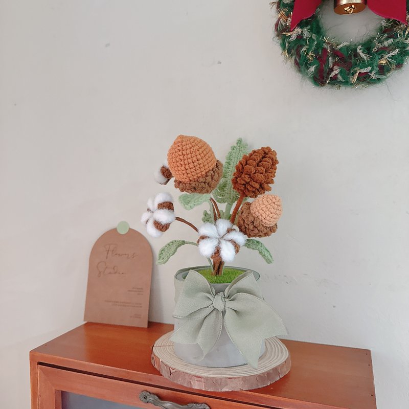 圣诞果实盆栽 松果 橡果 棉花 扩香石盆栽 圣诞礼物 交换礼物 - 摆饰 - 棉．麻 卡其色