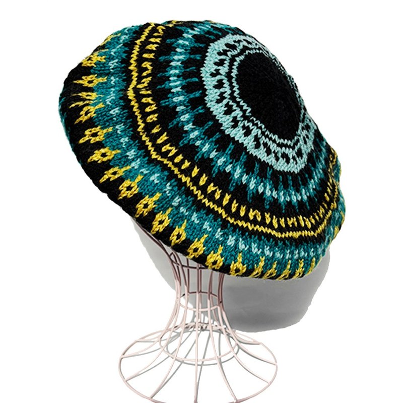 【针织帽】费尔岛图纹针织贝蕾帽 绿色系 - 帽子 - 羊毛 黑色