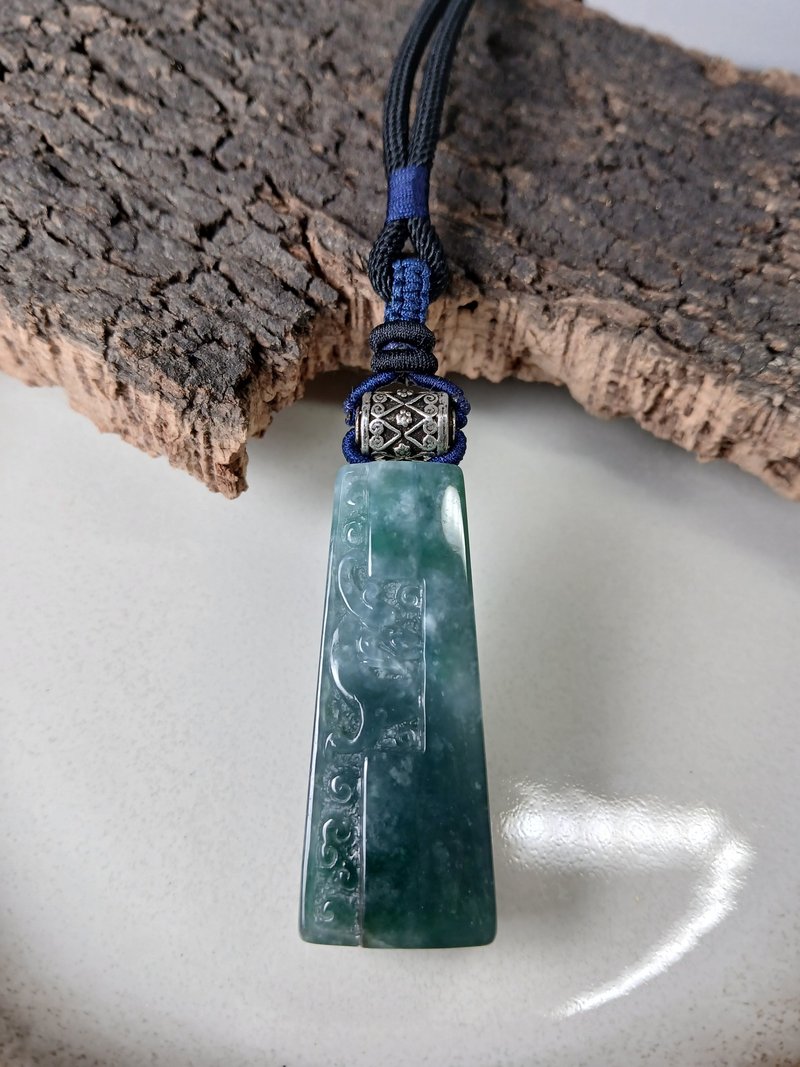 项链 古典编织 油青冰种缅甸玉+925银/中性龙雕刻项链 - 项链 - 玉石 绿色