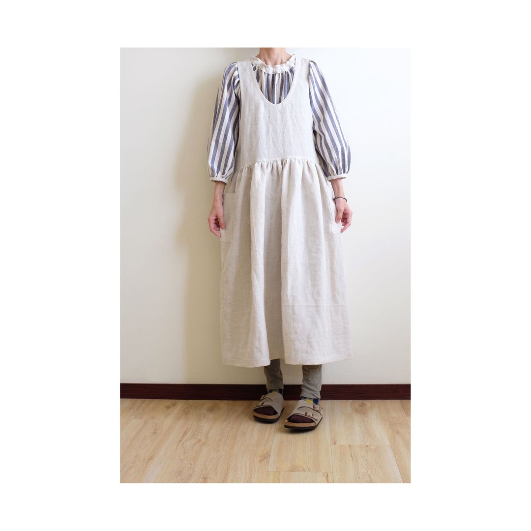 日常手作服 温柔浅亚麻口袋背心洋装 水洗亚麻 - 洋装/连衣裙 - 棉 白色