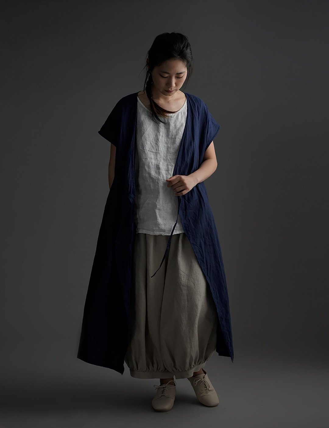wafu --Linen Cache Coeur Dress / Oriental Blue a005a-obn1 - 洋装/连衣裙 - 亚麻 蓝色