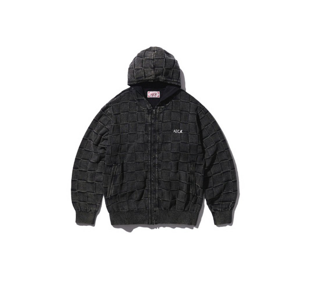 AECA Checkerboard VTG Zip Up Hood连帽洗旧棋盘格拉链针织衫 - 男装外套 - 其他材质 黑色