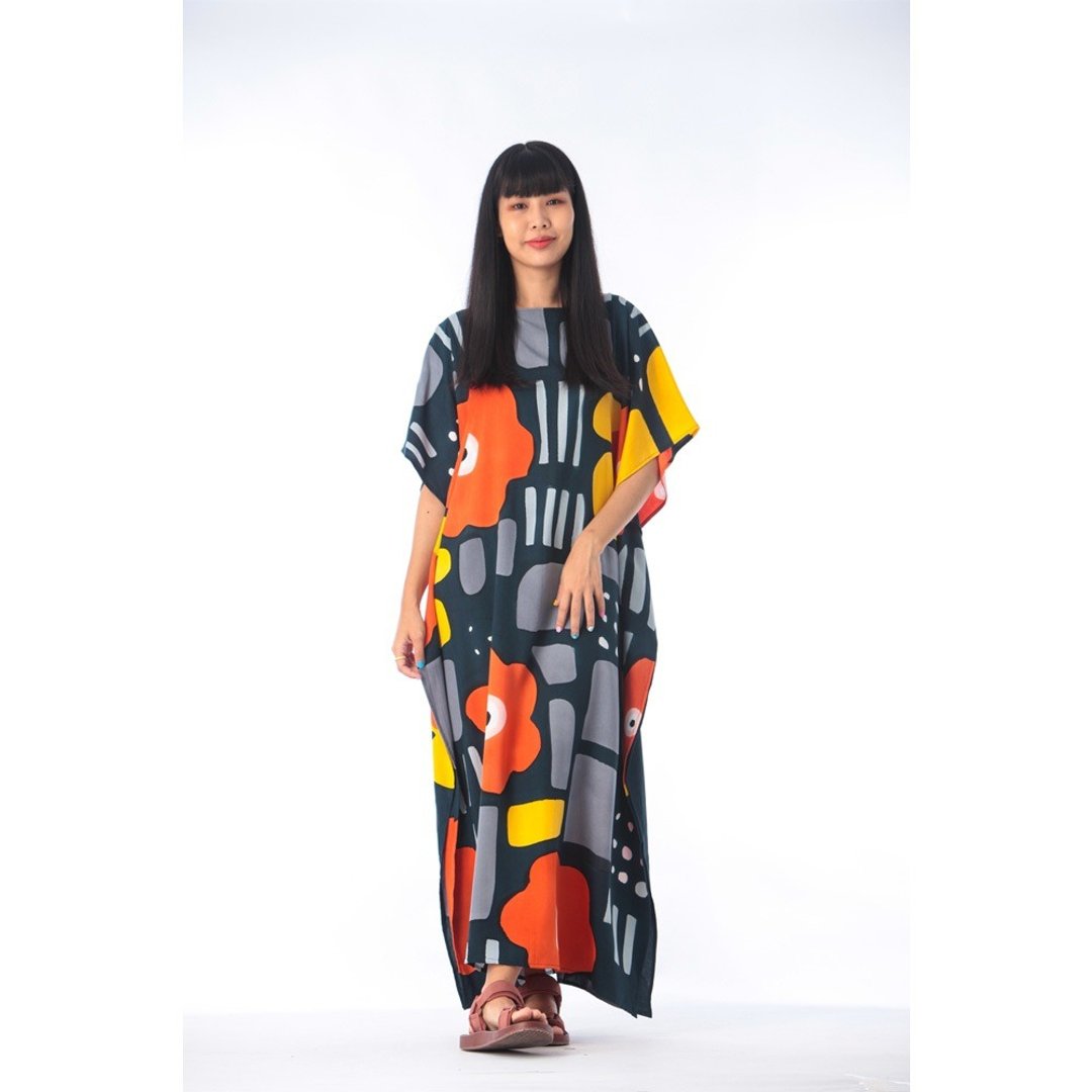 Hand Painted Cotton Silk Kaftan for Summer Resort Vacation F - 洋装/连衣裙 - 棉．麻 橘色
