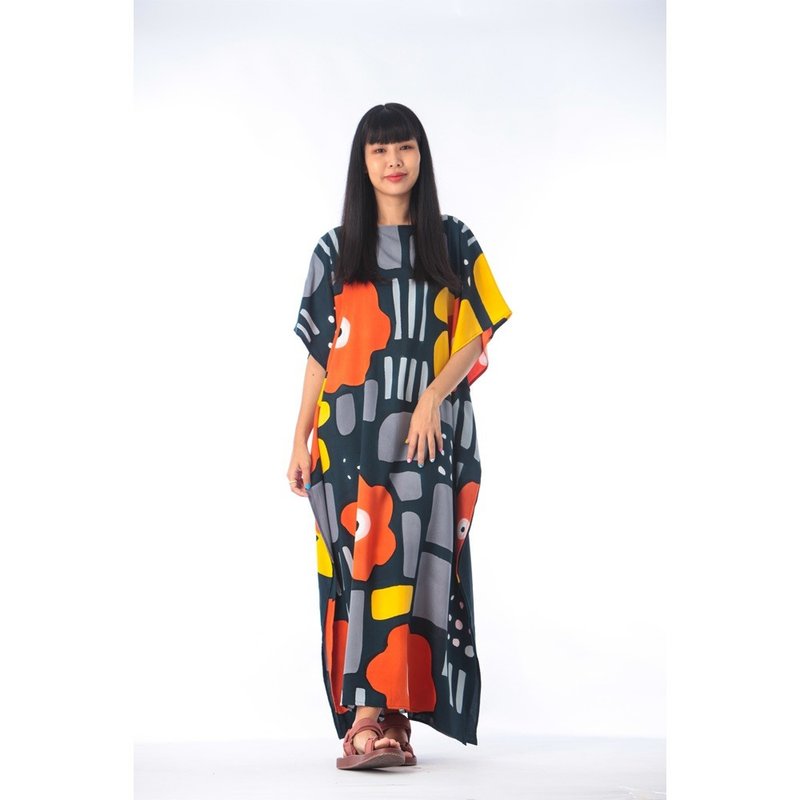 Hand Painted Cotton Silk Kaftan for Summer Resort Vacation F - 洋装/连衣裙 - 棉．麻 橘色