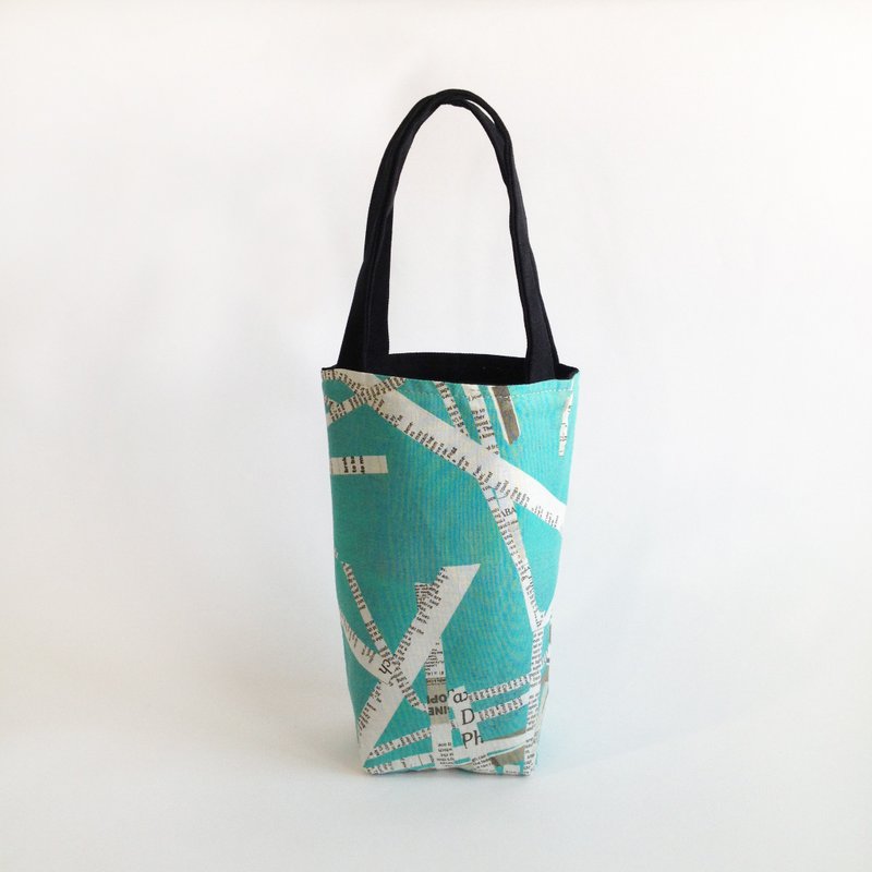 素色帆布+蓝绿色报纸 双面 饮料提袋/饮料袋 - 随行杯提袋/水壶袋 - 棉．麻 蓝色