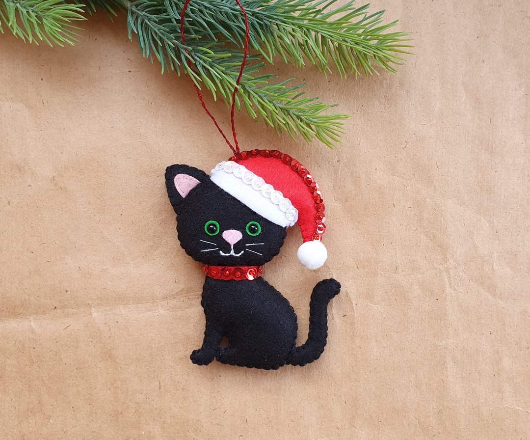 Black cat, cat Christmas decoration, Christmas Tree, Kitten in Santa Hat - 玩偶/公仔 - 环保材料 