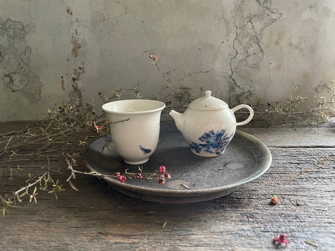 独享品茗组_刻花蓝牡丹 - 茶具/茶杯 - 瓷 白色