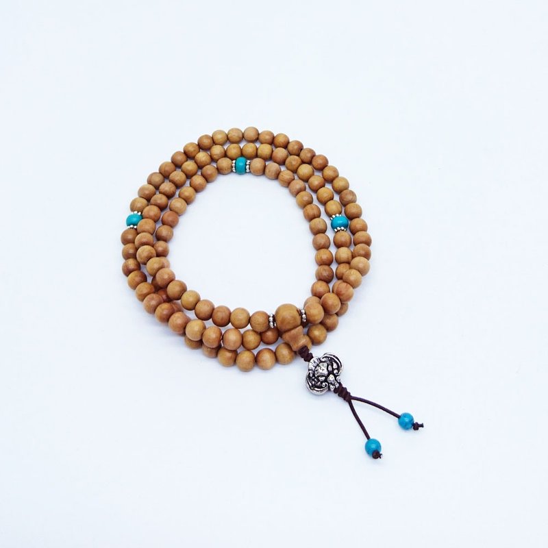 天然檀香木长手串 - 6mm 108粒 - 银色蝙蝠款 - 手链/手环 - 木头 咖啡色