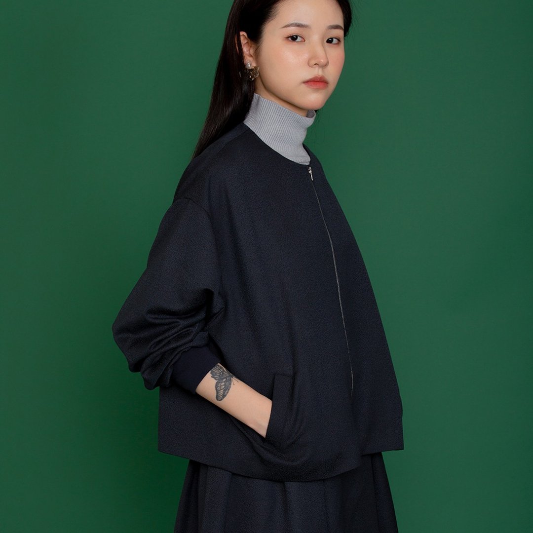 优雅套装_靛蓝色圆领夹克_合褶裙 包邮 - 女装休闲/机能外套 - 聚酯纤维 蓝色