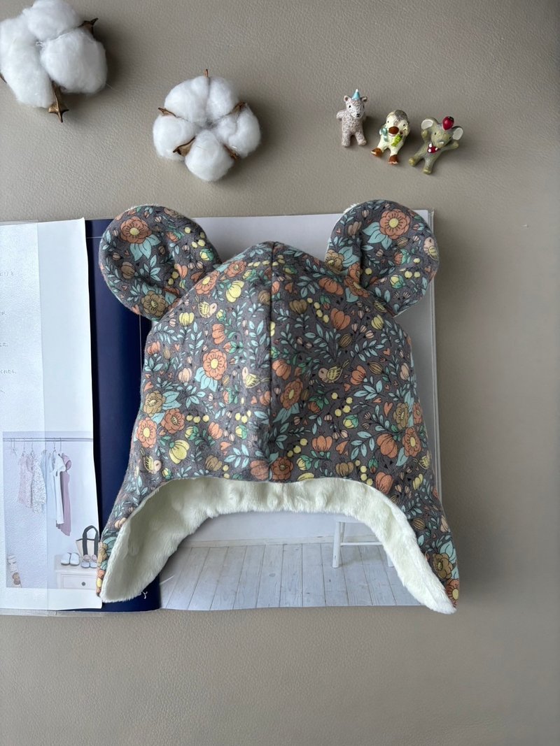 宝宝保暖遮耳帽  浅灰紫森林系微刷毛款  弥月礼 宝宝熊耳帽 - 婴儿帽/发带 - 棉．麻 灰色