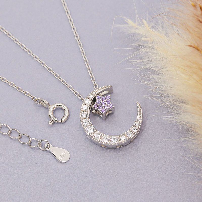 Devalier Birthstone Necklace Women's Accessories Gold Silver 925 Crystal Moon Star Wrapping February Birthday Gift Amethyst Color - 项链 - 其他金属 银色