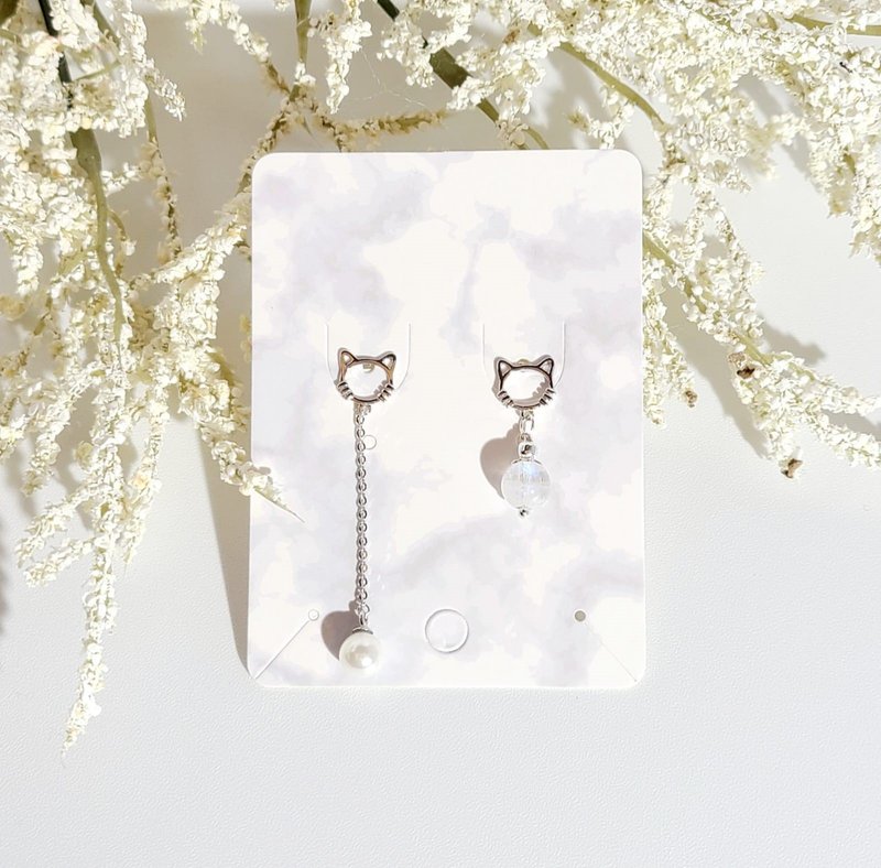 气质喵星人 - 天然蓝光白月光石/白珍珠耳环 - 耳环/耳夹 - 水晶 